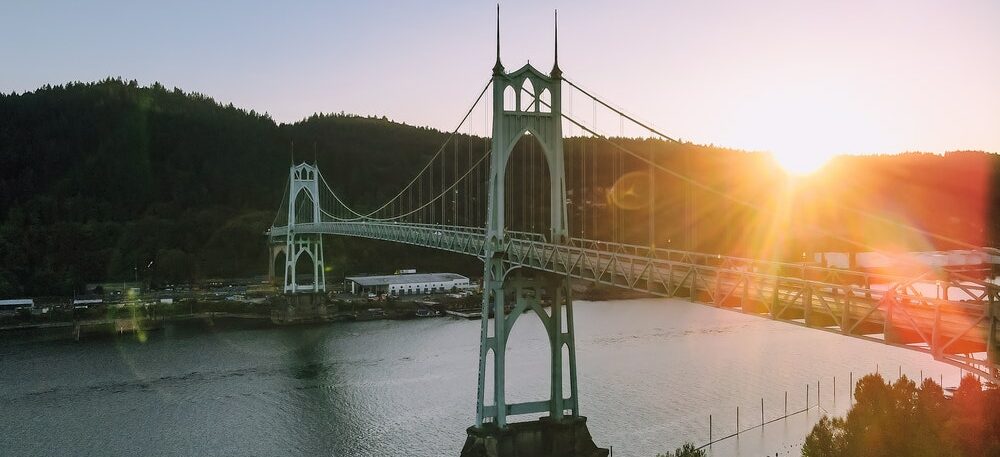 A photo of Portland's St. Johns bridge, taken at sunset.